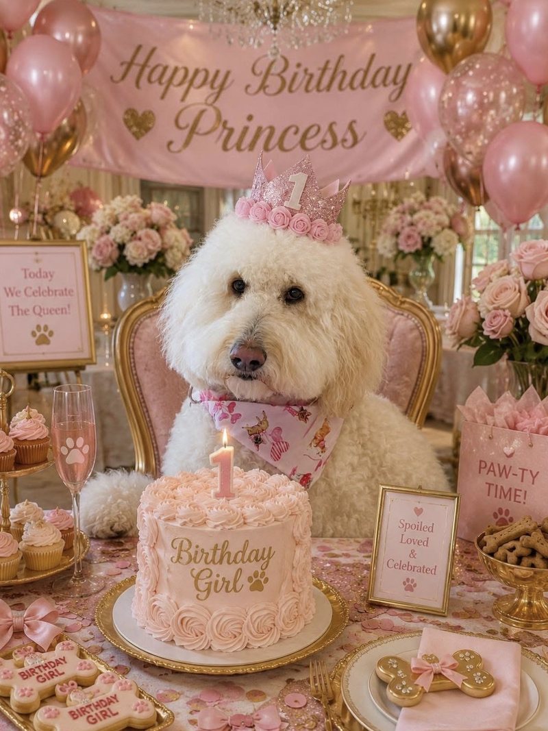Goldendoodle freshly groomed and dressed up for a birthday celebration at A Decked Out Pet